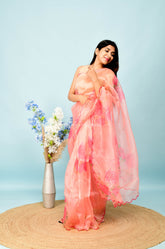 pretty foil print  pink  organza saree with contrast blouse